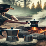 A rugged survivalist brewing coffee over a campfire in the wilderness, with three different brewing methods laid out: cowboy coffee, percolator, and a French press, surrounded by pine trees and gear.