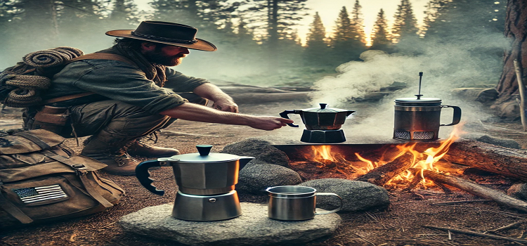 A rugged survivalist brewing coffee over a campfire in the wilderness, with three different brewing methods laid out: cowboy coffee, percolator, and a French press, surrounded by pine trees and gear.