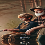 An older man and a young boy fishing together on the bank of a quiet river at dawn, surrounded by trees and mist, sharing a peaceful moment that reflects nostalgia and family tradition.
