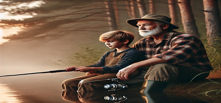 An older man and a young boy fishing together on the bank of a quiet river at dawn, surrounded by trees and mist, sharing a peaceful moment that reflects nostalgia and family tradition.