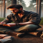 A rugged man sitting beside a campfire in the woods at dusk, writing in a weathered notebook with a thoughtful expression, surrounded by gear, trees, and the quiet of the forest.