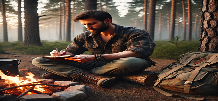 A rugged man sitting beside a campfire in the woods at dusk, writing in a weathered notebook with a thoughtful expression, surrounded by gear, trees, and the quiet of the forest.