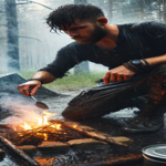 A Man building a fire in a rain storm.