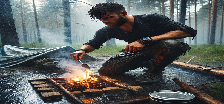 A Man building a fire in a rain storm.