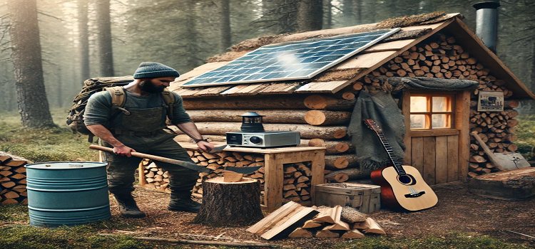 A rugged survivalist standing beside a small cabin in the woods, chopping firewood with a solar panel nearby. The setting shows a simple, off-grid lifestyle with water barrels, stacked firewood, and tools.